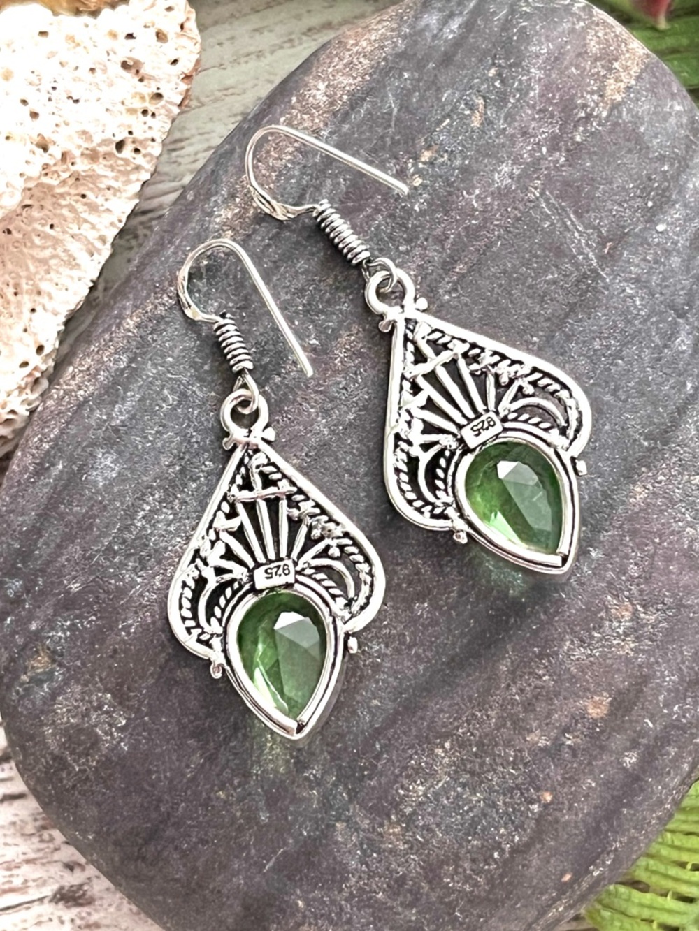Teardrop Green Peridot Sterling Silver 1.8” Dangle Earrings - Picture 5 of 5